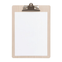 Wooden clipboard with blank paper and metal clip isolated on transparent background
