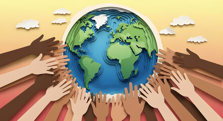 Naklejka premium Diverse Hands Protecting Planet Earth A Powerful Symbol of Global Unity and Care