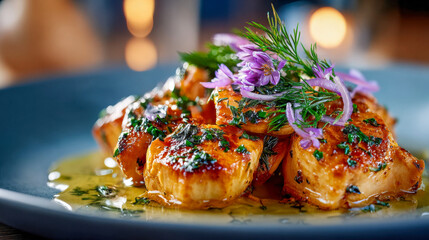 Gourmet seared salmon garnished with herbs, purple onion slices, and edible flowers, glistening in rich sauce