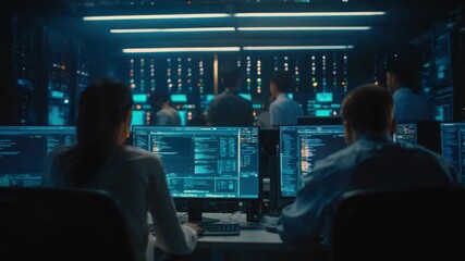 Cybersecurity professionals monitor multiple computer screens displaying complex data and code in a bustling server room or data center environment - Powered by Adobe