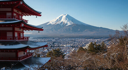Red pagoda with snowy mountain and city below under clear sky.
