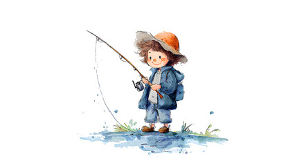 Fototapeta premium Cute cartoon watercolor fishing kid. Cartoon character illustration. Stock Illustration