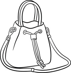 Cad drawing flat vector illustration, stylish handbag design, fashion purse sketch, black and white line art, accessory, apparel, designer tool