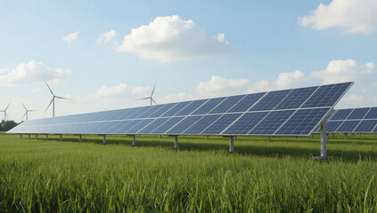 Close-up view of solar panels installed in large green agricultural field with blue sky background promoting renewable energy and eco-friendly electricity