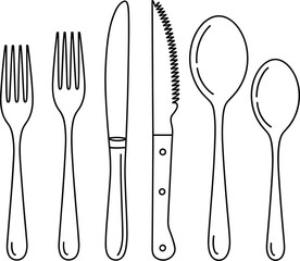 Cutlery set illustration, black and white kitchen utensils, forks, knives, spoons, dining tools, restaurant gear, tableware, eating essentials
