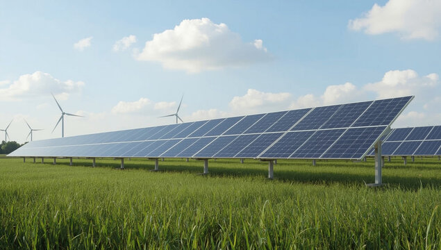 Close-up view of solar panels installed in large green agricultural field with blue sky background promoting renewable energy and eco-friendly electricity