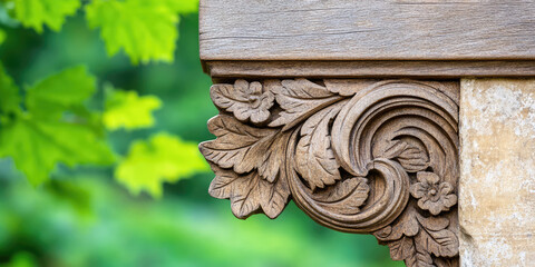 Ornate wooden corbel with intricate leaf patterns set against a blurred green background. Decorative woodwork detail