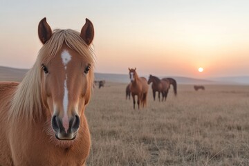 Obraz premium Horses Silhouetted Against a Vibrant Ranch Sunset