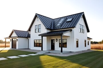 Modern Farmhouse with Black Roof and White Siding in Rural Landscape
