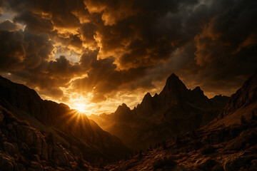 Obraz premium A sunrise through golden storm clouds over a rugged mountain landscape