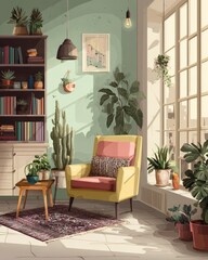 Cozy living room with plants and natural light.