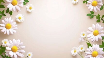 Fototapeta premium Elegant Floral Background with White Daisies and Green Leaves for Springtime Designs