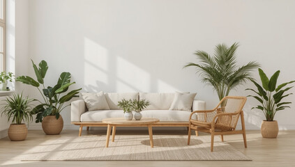 Bright minimalist living room interior with white sofa, wooden furniture and houseplants in natural sunlight for peaceful home lifestyle and eco-conscious decor