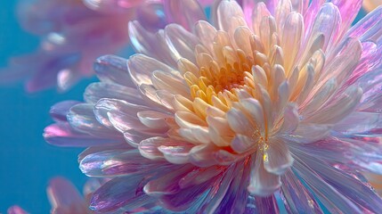 Close-up of a vibrant, iridescent chrysanthemum.  Soft pastel hues of pink, peach, and white.  Delicate petals,  glowing in light.  Shallow depth of field