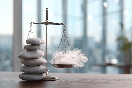 Silver scale, stones, feather, balanced. Blurred city view in background