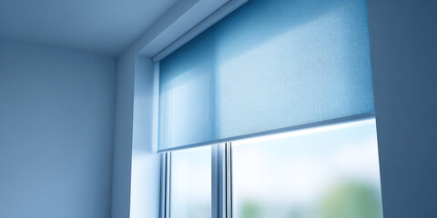 Fototapeta premium Blue roller blind partially covers a window, letting light in. Interior design, minimalist, natural light, modern home