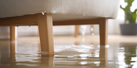 A wooden couch leg surrounded by standing water on a floor suggests a flooding situation indoors. Flood, water damage, indoors