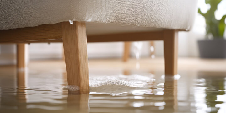 A wooden couch leg surrounded by standing water on a floor suggests a flooding situation indoors. Flood, water damage, indoors