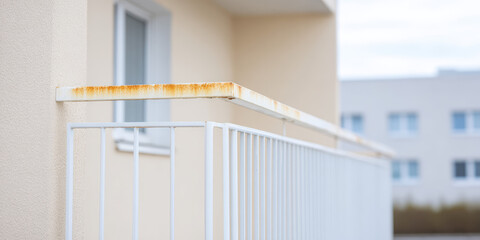 Balcony railing with rust in front of a white-walled building, blue sky visible. Urban architecture, exterior detail