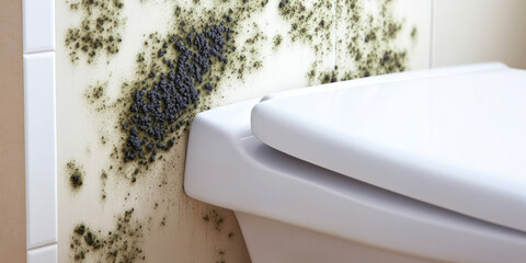 Mold is growing on a wall next to a toilet. Hygiene issue, bathroom mold, cleaning problem