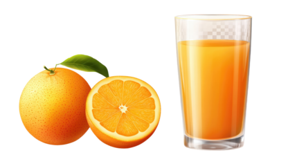 orange juice accompanied by whole orange on white background