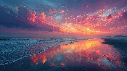 Dramatic sunset over beach. Calm waves reflecting fiery clouds