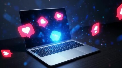Animation of social media icons like hearts and thumbs up flying from a laptop screen, representing digital marketing, online engagement and the influence of social networks - Powered by Adobe