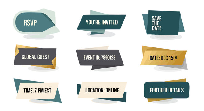 A collection of stylized event invitation banners with various text prompts, including RSVP, date, location, and further details, designed with a modern and geometric aesthetic.