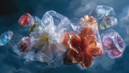 Fototapeta premium Floating flowers trapped in plastic bags
