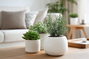 Three potted plants on a light wooden coffee table in a living room