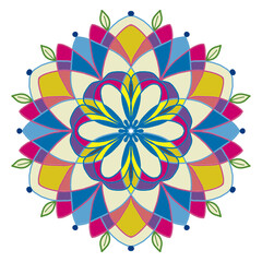 Colorful Flowers Mandala Illustration Pattern Background in Blue Pink and Yellow