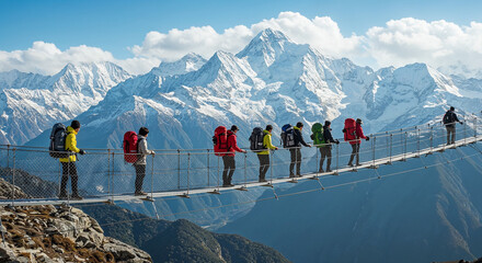 Seven backpackers crossing a suspension bridge with snowy mountains behind.
