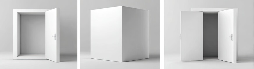 Naklejka premium Three White Doors Open on a Gray Background
