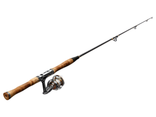 Elegant fishing rod with metallic reel and wooden handle tackle equipment, Isolated, Png Transparent Background
