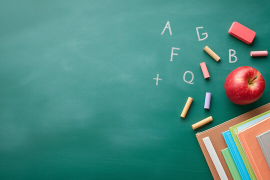 Colorful school chalk and apple on green chalkboard with books, education concept, learning tools and alphabet letters.
