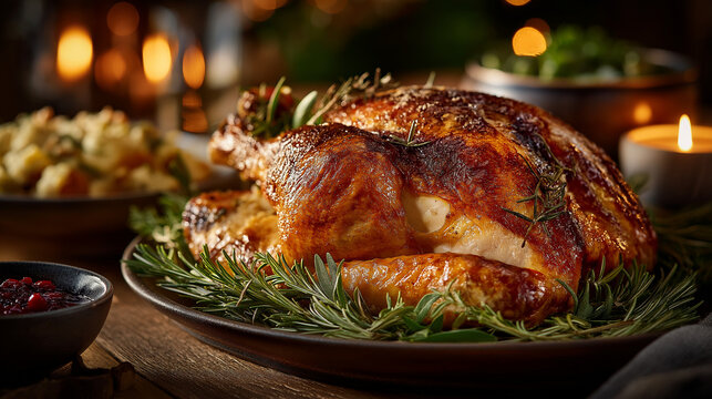 Roasted Turkey Feast: A culinary masterpiece, a golden-brown roasted turkey takes center stage on a rustic wooden table, surrounded by traditional side dishes and the warm glow of candlelight.