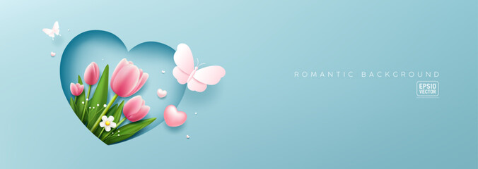 Tulip flowers on light blue heart, and butterfly, romantic concept design on light blue banner background