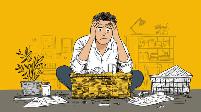 Overwhelmed: An expressive illustration depicts a man in a state of stress and anxiety, surrounded by chaos. A visual metaphor for the burdens of daily life and the struggle to cope