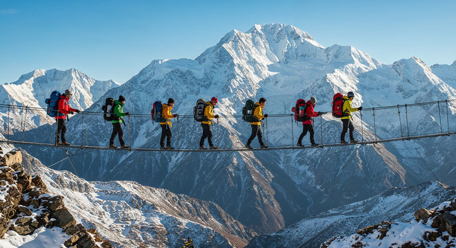 Seven backpackers crossing a suspension bridge with snowy mountains behind.
 - Powered by Adobe