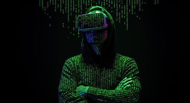 Person in vr headset immersed in digital green code
