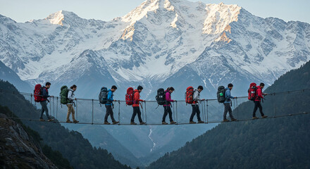 Seven backpackers crossing a suspension bridge with snowy mountains behind.
