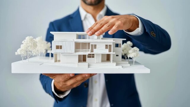 An architect or real estate developer presents a detailed model of a modern luxury house, a concept for architecture, property investment and the construction industry