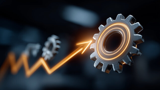 Technological Progress: Gear wheels, connected by an upward-trending arrow, symbolize innovation, growth, and the forward momentum of modern technology.