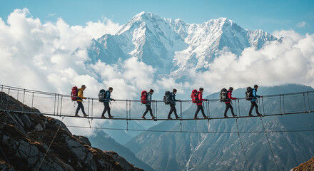 Seven backpackers crossing a suspension bridge with snowy mountains behind.
