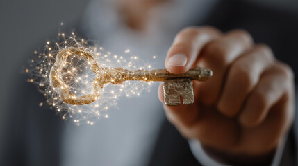 Golden Key to Opportunity: A close-up view captures a hand holding a golden key, which is a symbol of opportunity and unlocking potential. The key emits sparks and light.
