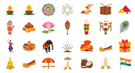 A vibrant collection of colorful Indian cultural icons, including religious symbols, festive decorations, and traditional elements, arranged on a white background for design and celebration purposes.