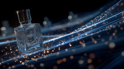 Aromatic Elegance: A meticulously crafted perfume bottle is the centerpiece of a visual journey, its crystal form illuminated amidst flowing, luminescent lines and gentle bokeh.