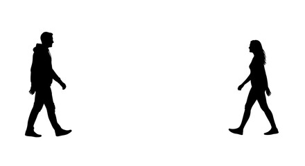 Silhouettes of a man and a woman walking towards each other on a white background. A conceptual graphic about relationships or social distance.