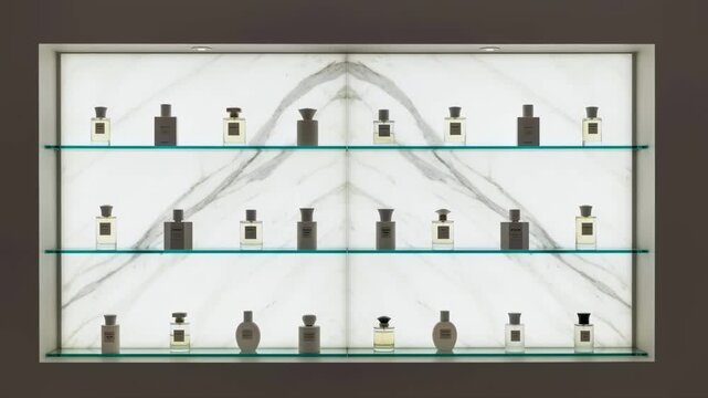 An elegant display of luxury perfume bottles on illuminated glass shelves with a marble background, representing the fragrance industry, high-end retail, and designer shopping