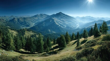 Obraz premium Panoramic alpine vista. Lush green hills, forests, and mountains under a vibrant blue sky with a bright sun